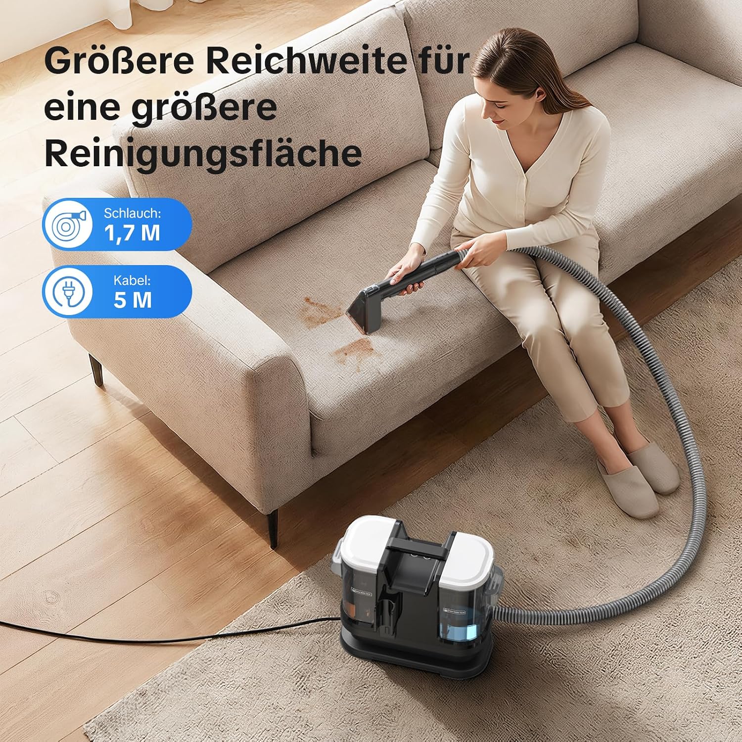 Thumbnail 6 de Lubluelu Nasssauger Polsterreiniger Gerät – Heißwasser-Tiefenreinigung 18 kPa, 1400 W, 2x 1,75 l Tanks, 5 m Kabel, 1,7 m Schlauch