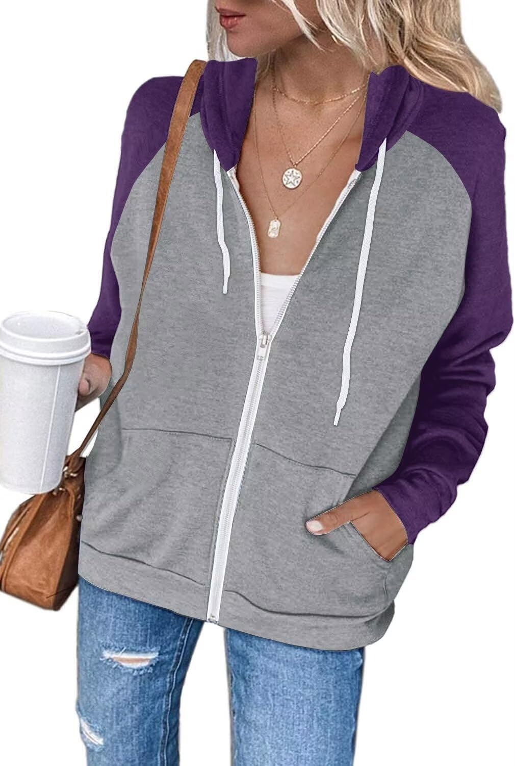 Thumbnail 6 de LACOZY Women's Long Sleeve Zip Up Hoodies: Colour-Block Casual Oversized Hoodie with Pocket
