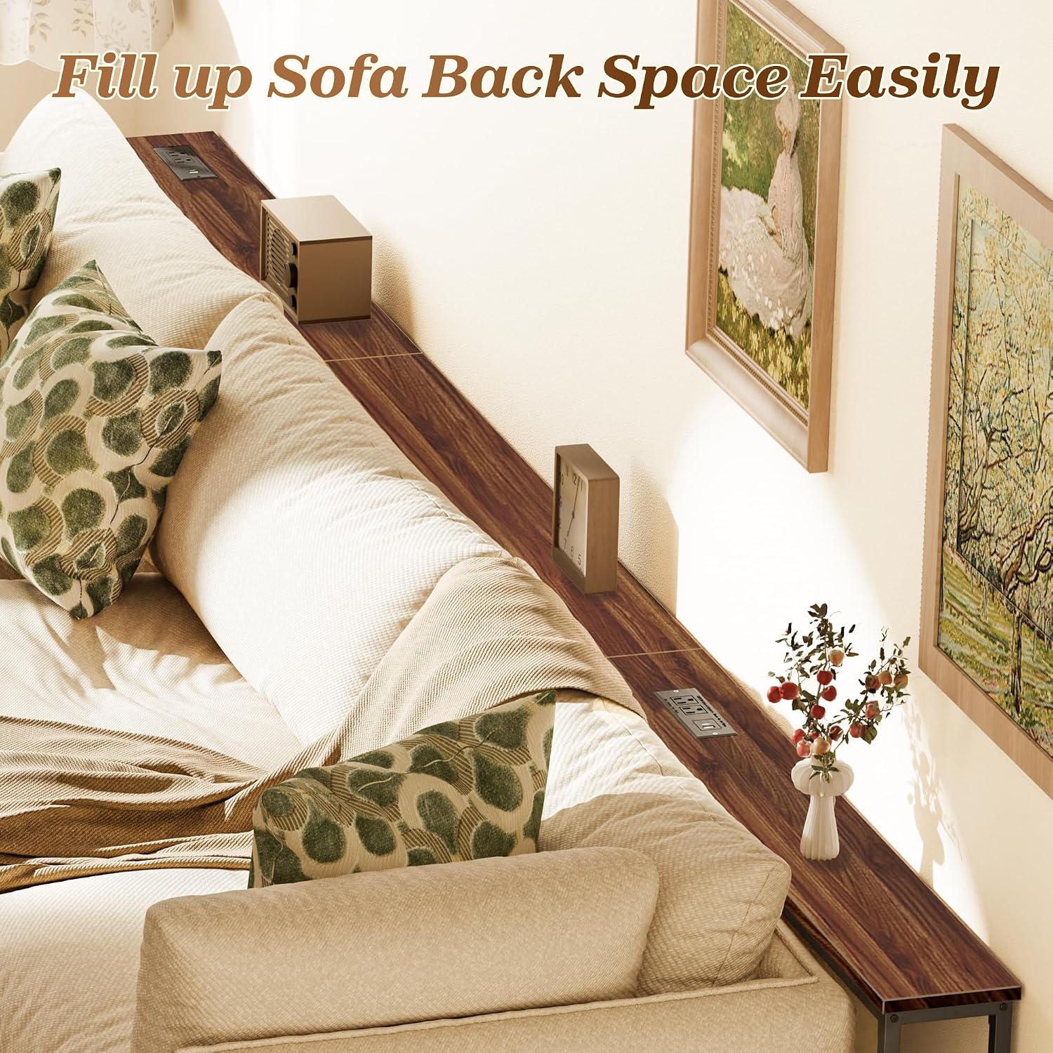Thumbnail 3 de SUPERJARE 110.2 Inch Walnut Sofa Table with Built-in Power Outlets
