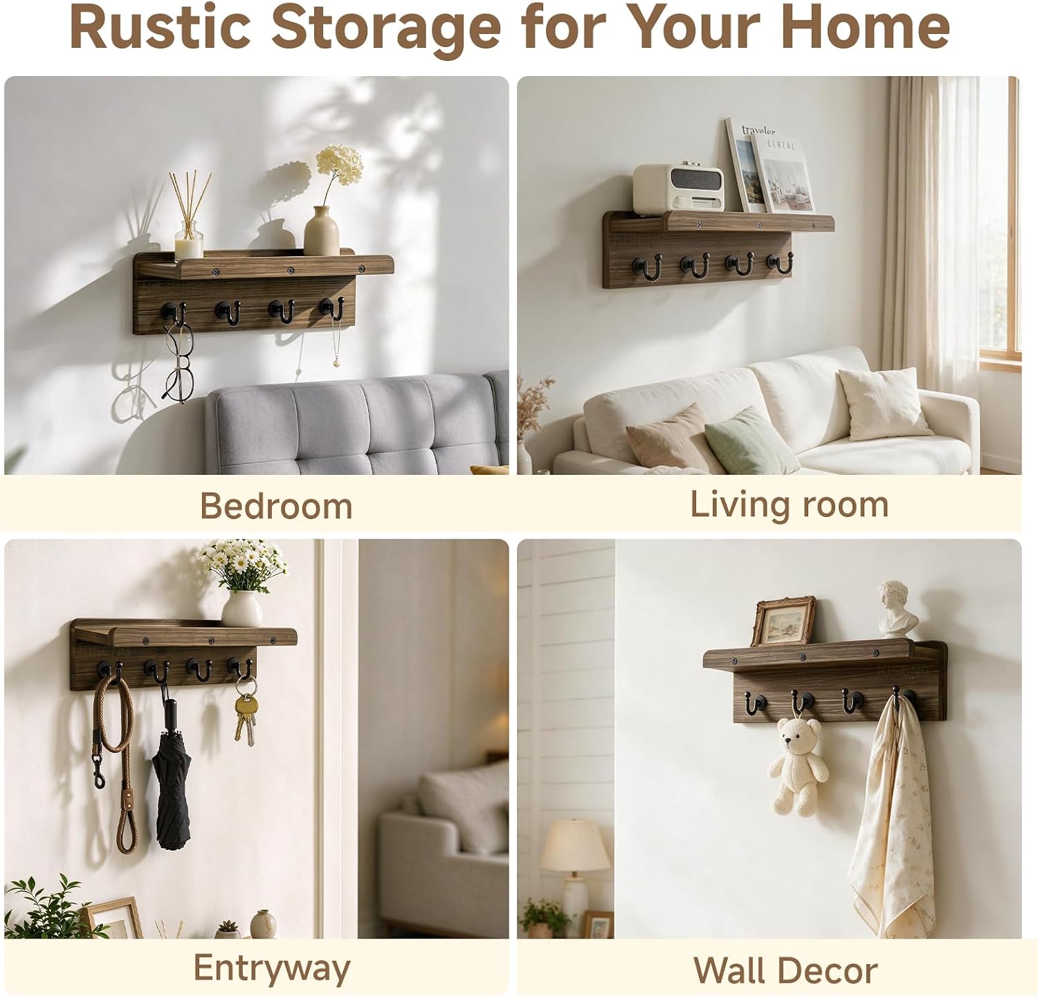 Detalle de KISENG KH-mini-zhiban Wall-Mounted Key and Mail Organizer, 4 Hooks, Wood