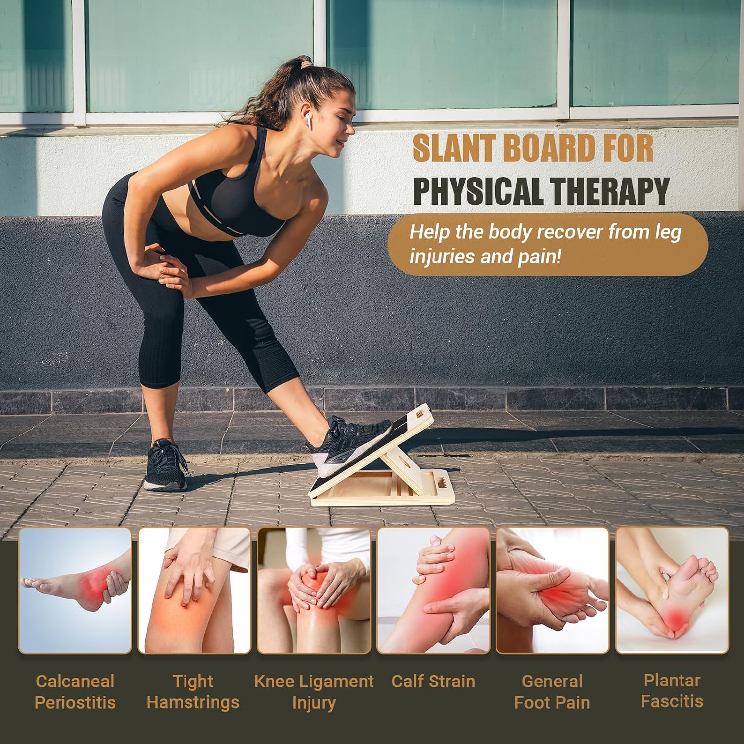 Detalle de ODCPN slant-001 Wooden Calf Stretch Board, 5 Angles and Resistance Bands