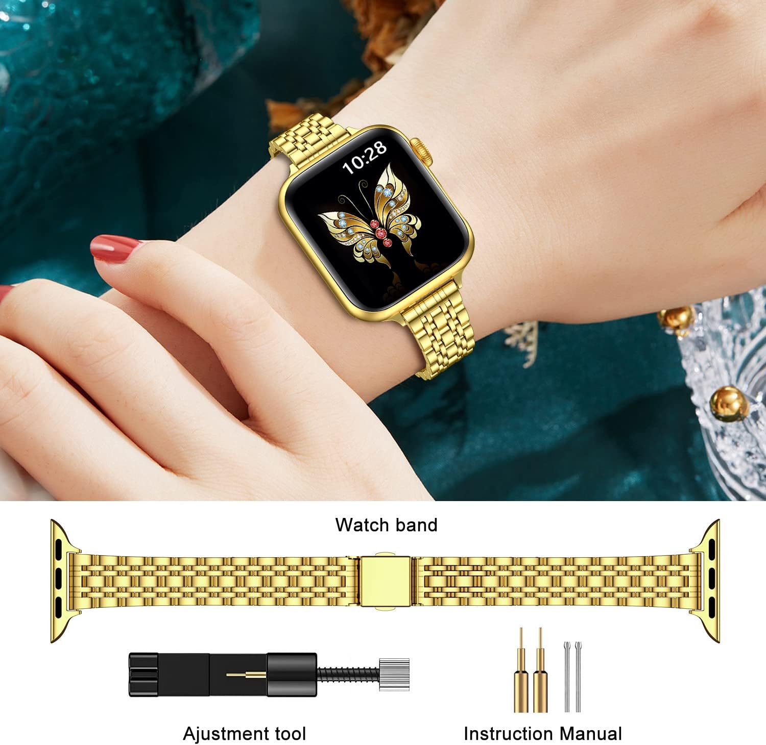 Detalle de MioHHR Slim Straps Thin Stainless Steel Chain Band for Apple Watch (Gold) – 42mm–49mm compatible