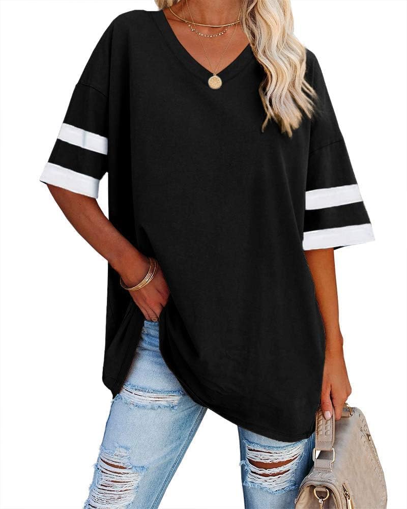 Detalle de Ebifin women’s oversized V-neck T-shirt (half-sleeve) in cotton blend