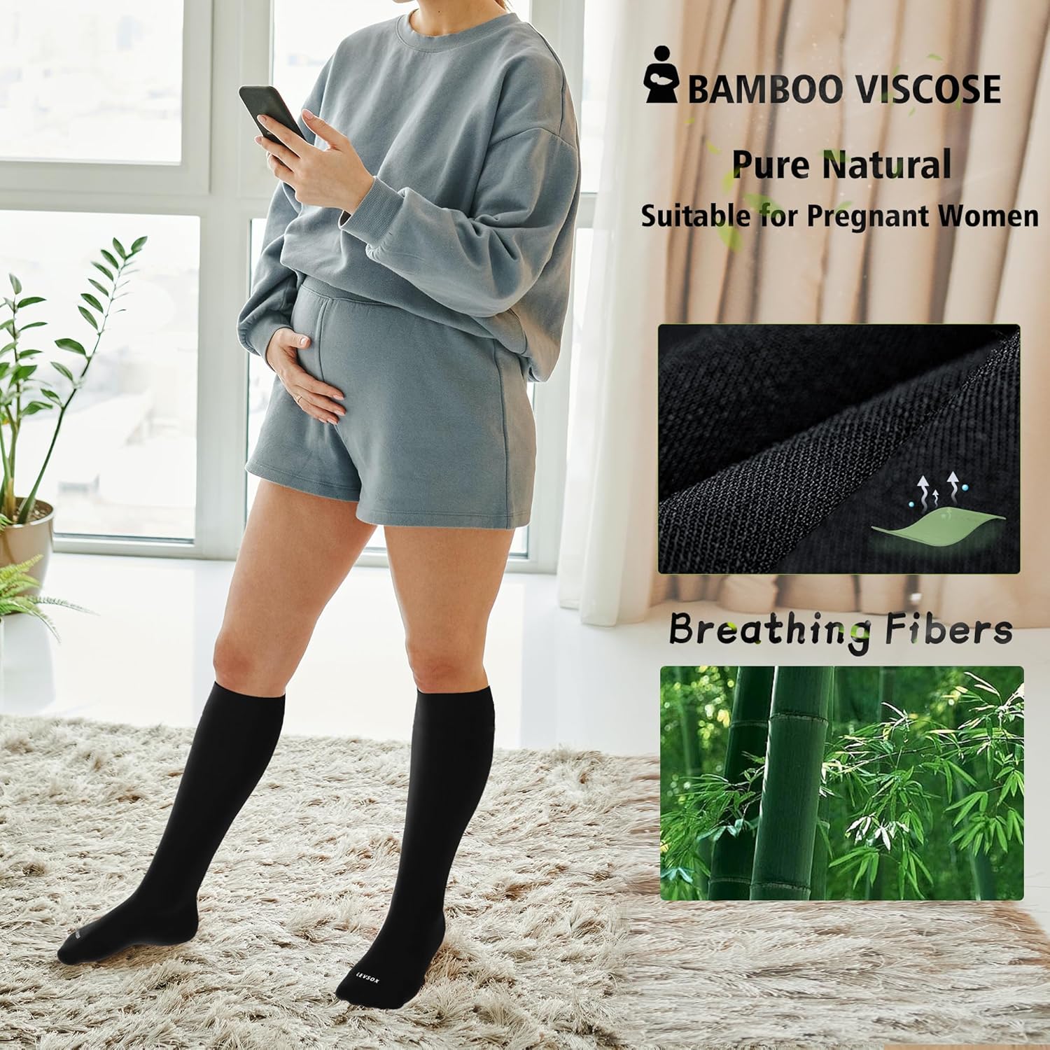 Detalle de LEVSOX Bamboo Visco Compression Socks for Pregnant Women, 20-30 mmHg Knee-High