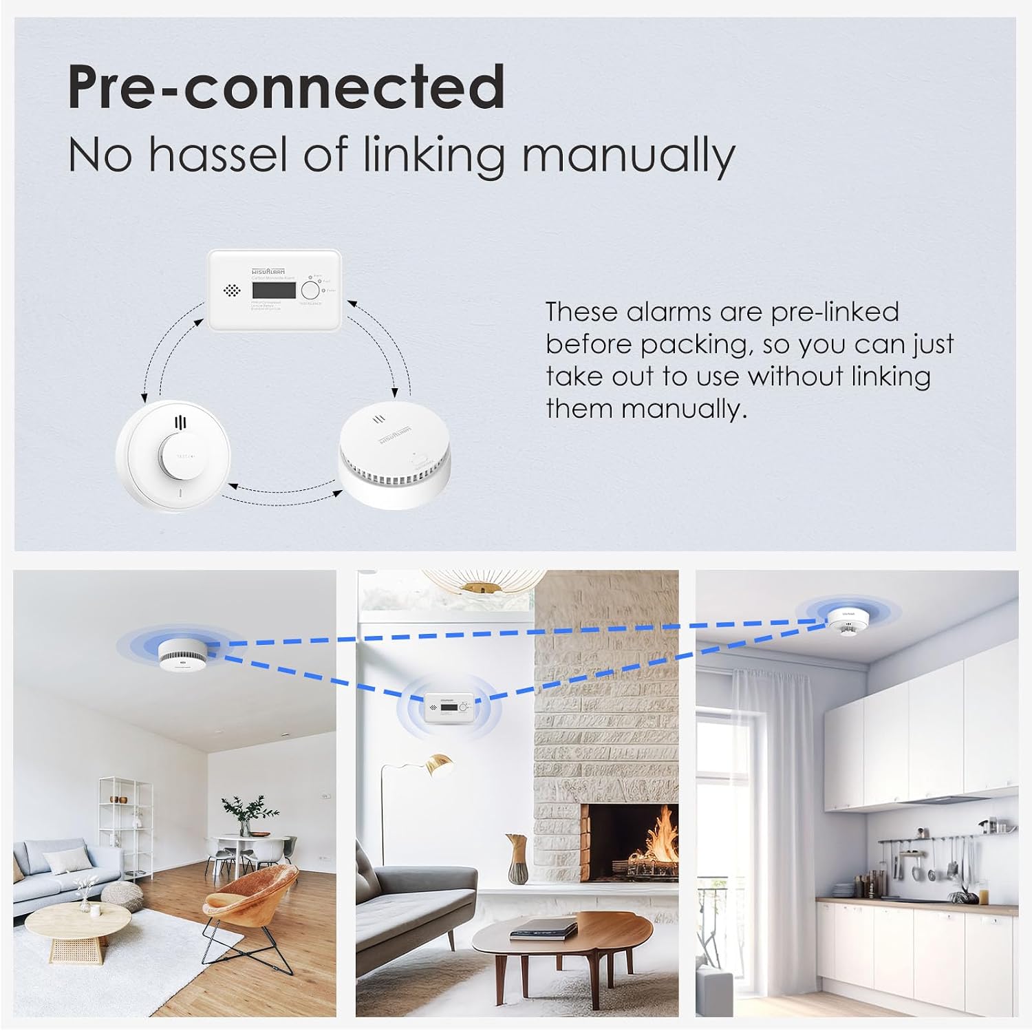 Detalle 2 de Wireless Interlinked Smoke, Heat and Carbon Monoxide Alarm Kit (Pre-linked) – Scotland & England compliant, remote silence