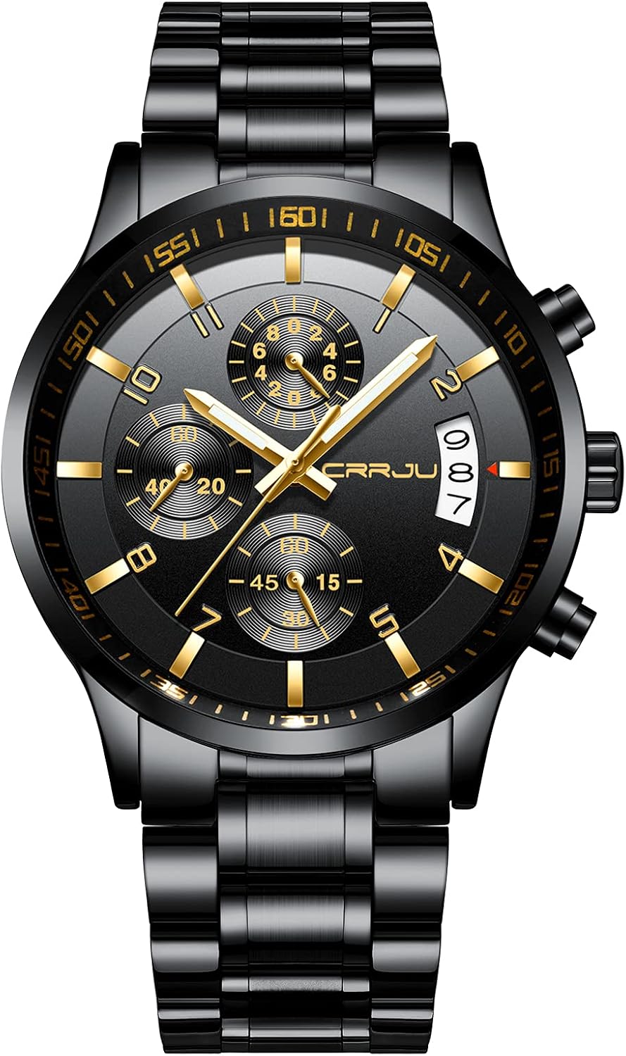 Detalle de CRRJU Herren Uhr – wasserdichtes Chronographen-Modell mit Edelstahlarmband und Datum, blaues Zifferblatt