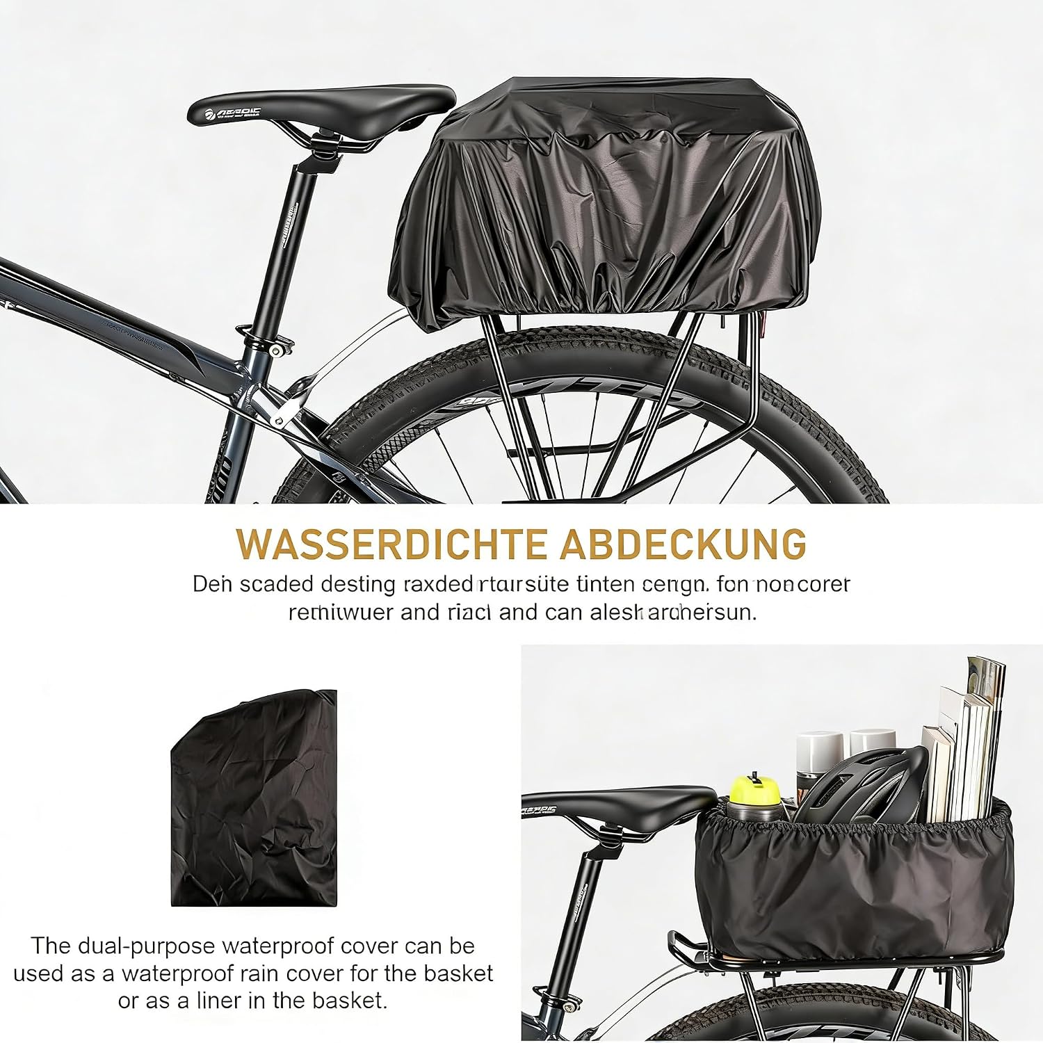 Detalle 2 de CXWXC Fahrradkorb hinten für den Gepäckträger mit Holz-Boden, wasserdichter Abdeckung & Cargo-Netz