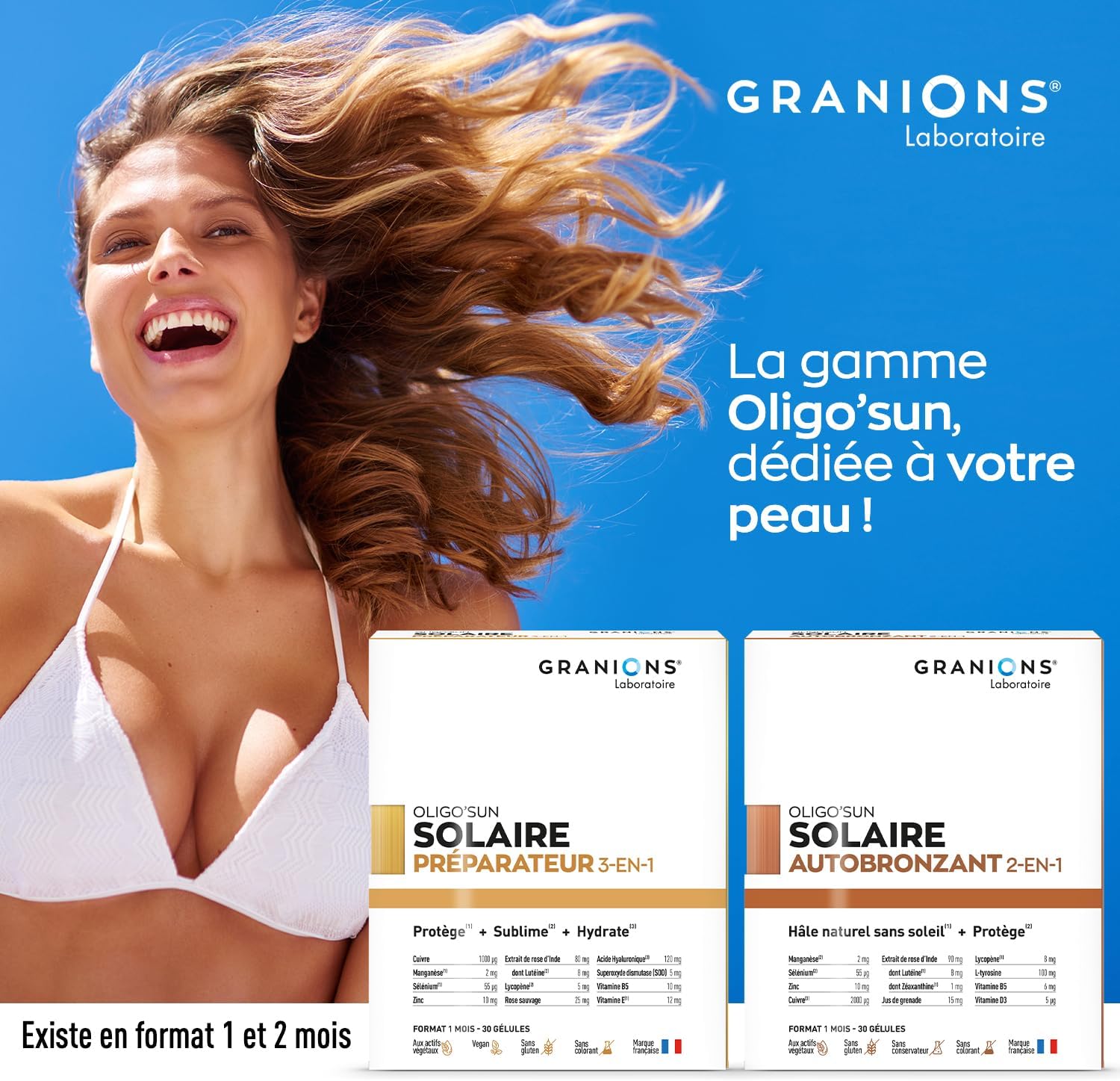 Detalle de BRONZAGE – Autobronzant en gélules 2-EN-1 GRANIONS, complément alimentaire (1 mois, 30 gélules)