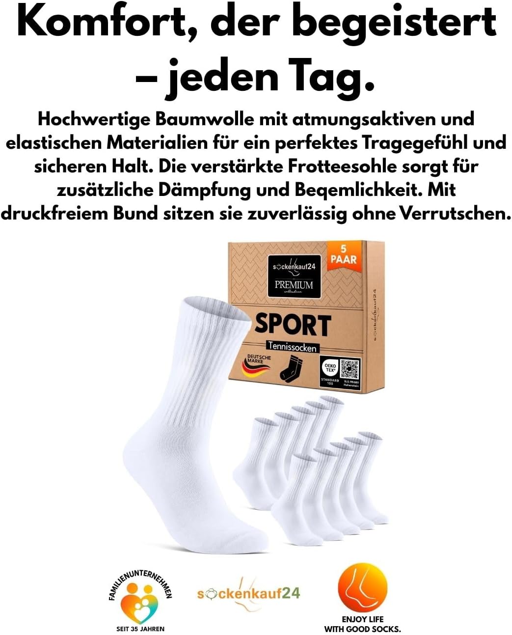 Detalle 2 de sockenkauf24 Premium Tennissocken Unisex – gepolstert, atmungsaktiv & nachhaltig (5 Paar)