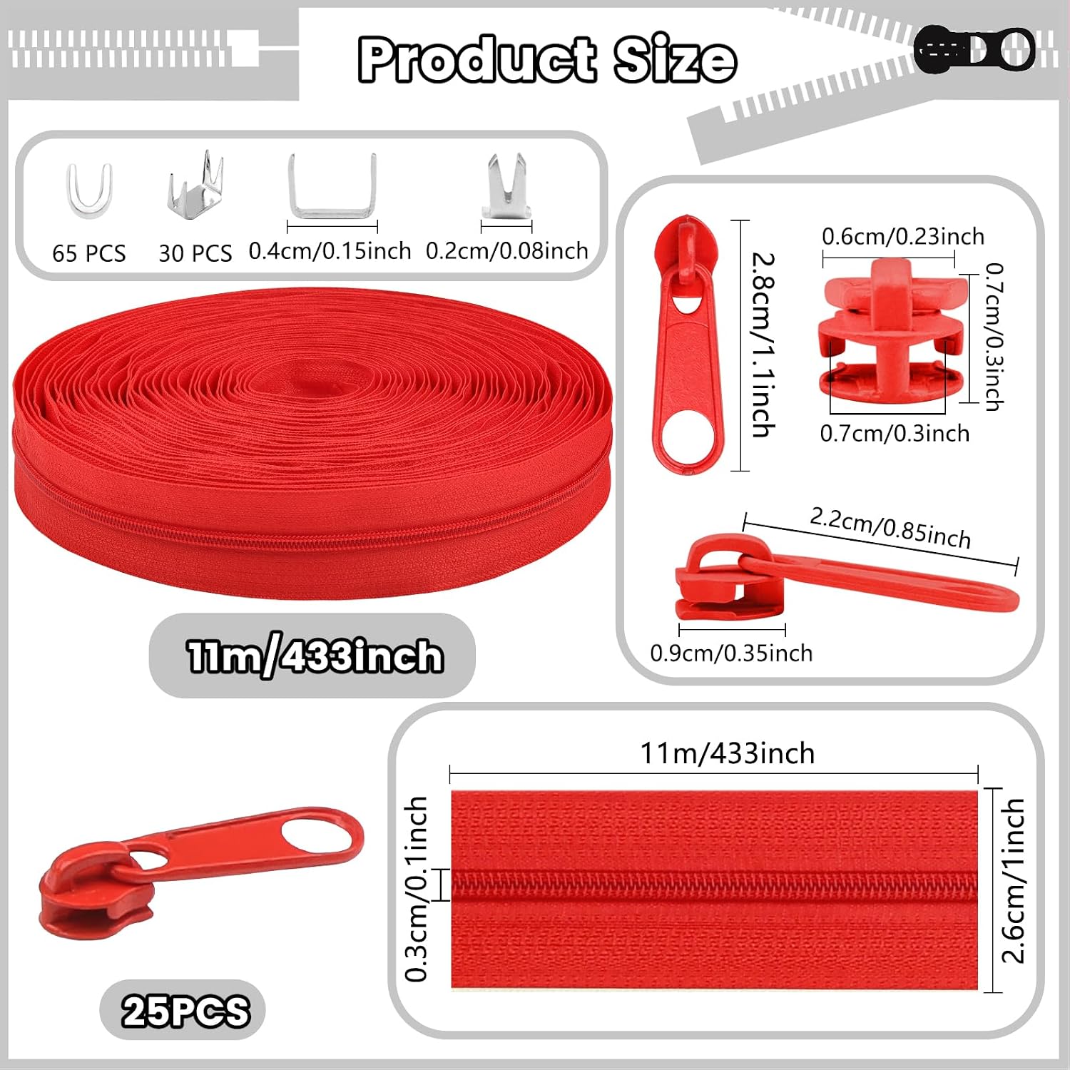 Thumbnail 1 de Endlos Reißverschluss mit Zipper 3mm – 11 m Nylon Meterware + 25 Metall-Zipper in Rot (#3)