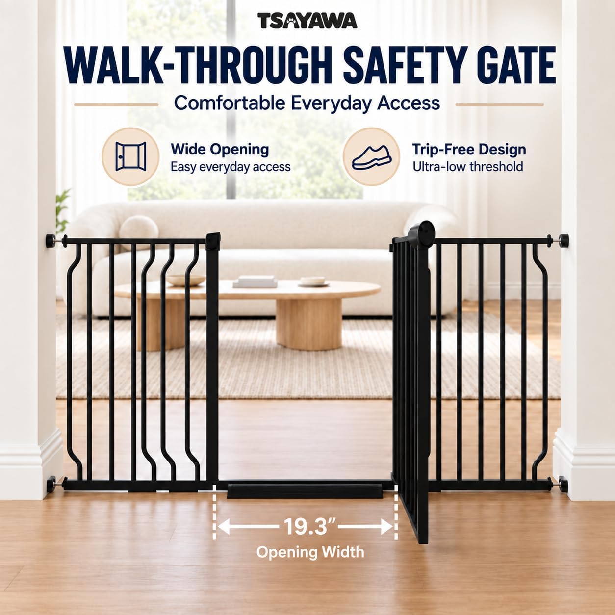 Detalle 2 de TSAYAWA Black Extra-Wide Walk-Through Baby Gate, 71.65–85.82-Inch Pressure Mount