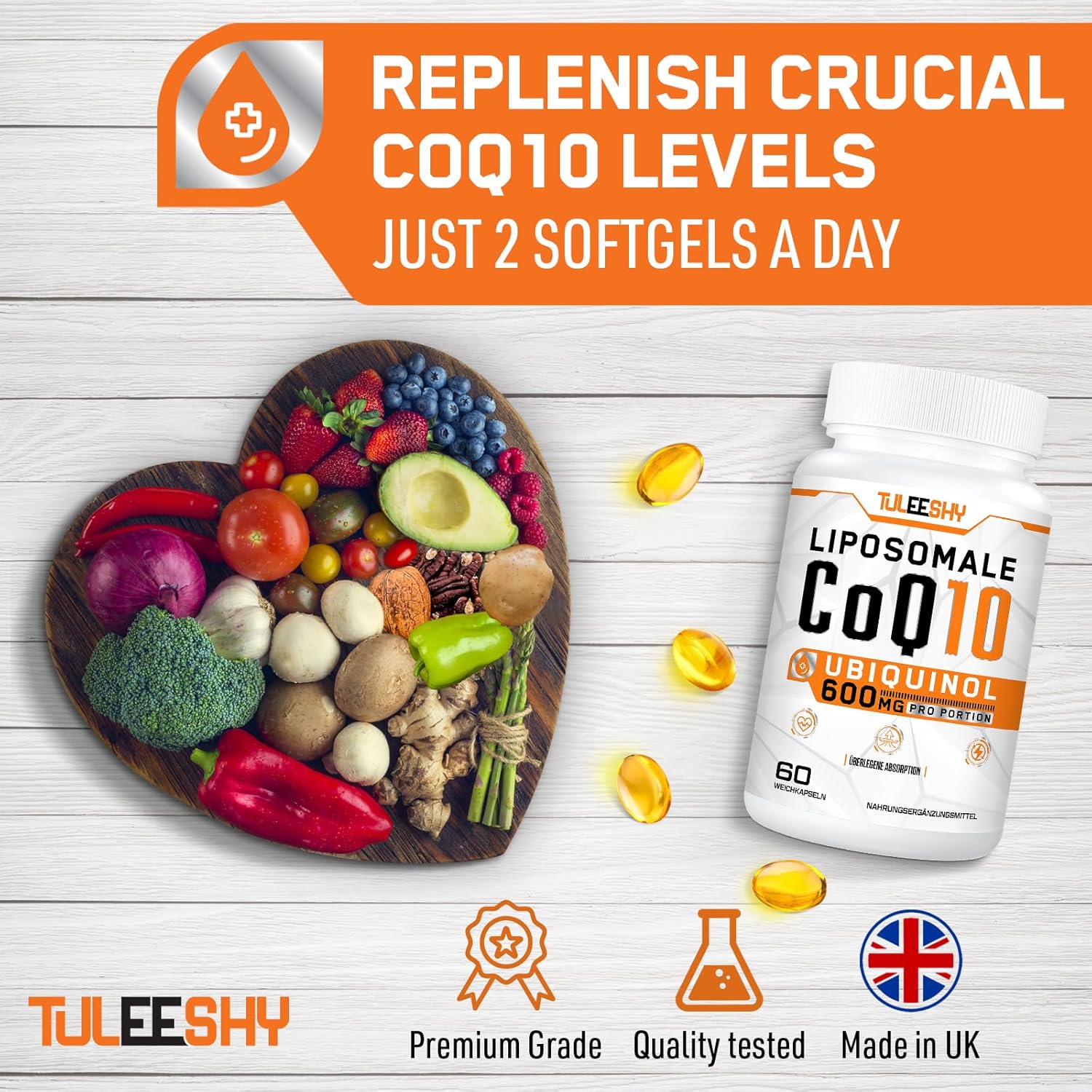 Detalle de Coenzyme Q10 liposomale Ubiquinol 600 mg - Tuleeshy, 60 gélules