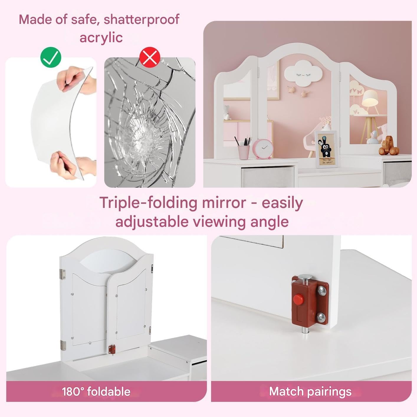 Detalle de Clevich Kids Vanity Table and Chair Set: 2-in-1 Princess Vanity with Removable Mirror