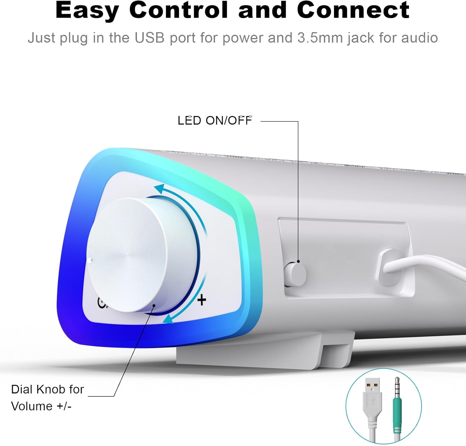 Thumbnail 2 de SOULION R30 USB-Computerlautsprecher mit LED-Lichtern und 3,5-mm-Audioanschluss (weiß)