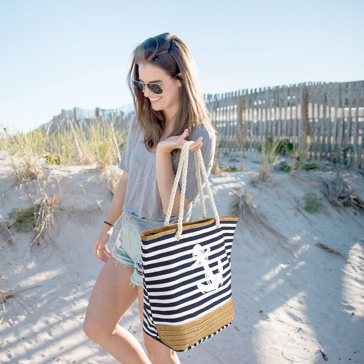 Detalle 2 de flintronic Sac de Plage pour Femmes – Grand sac fourre-tout en toile avec corde et motif Anchor