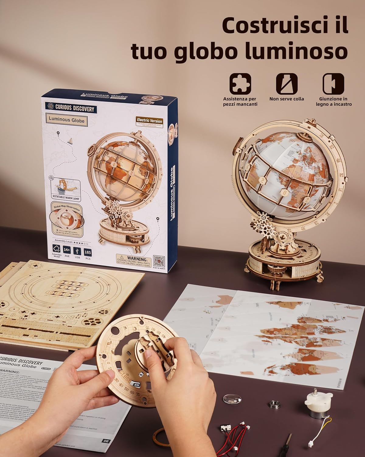 Thumbnail 6 de Robotime Puzzle 3D in legno per adulti: kit globo rotante illuminato con LED