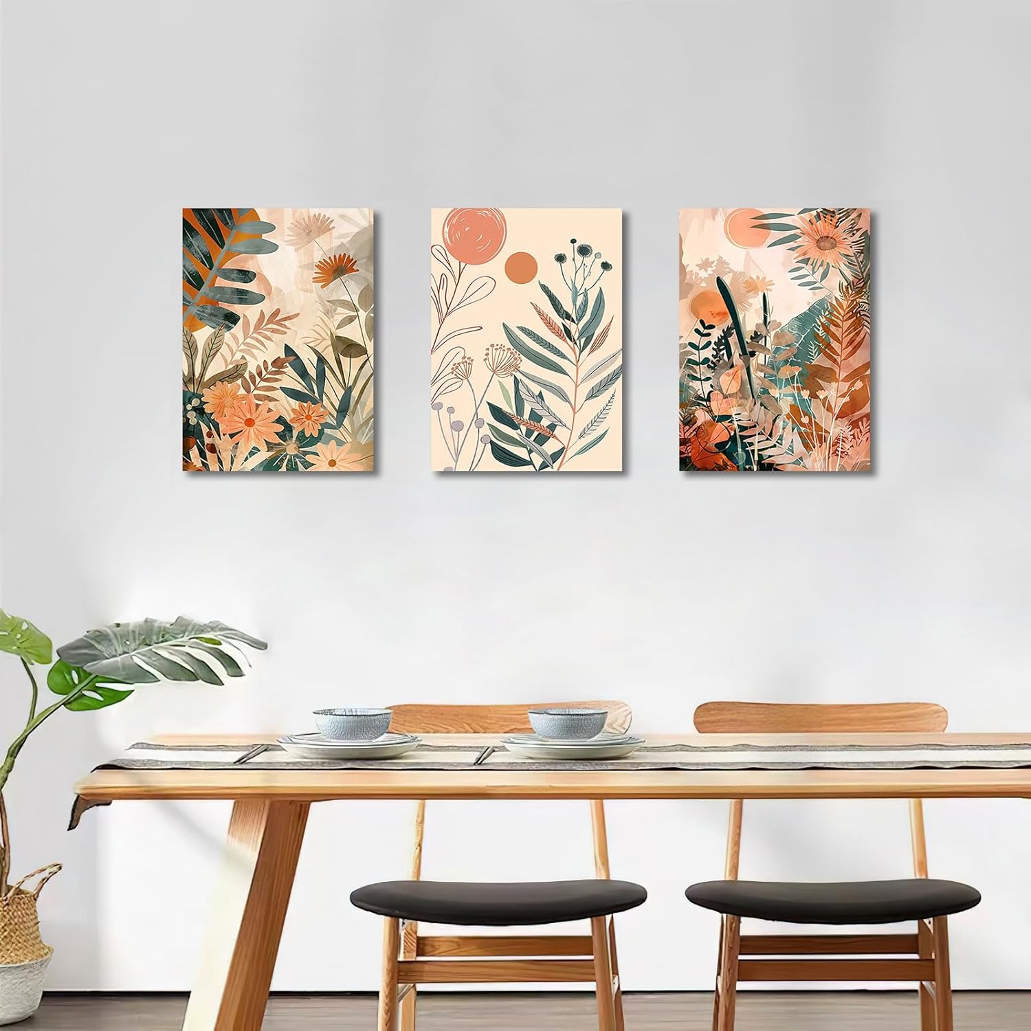 Detalle de 3Pcs Boho Orange Set mit Rahmen – Abstract Leaves & Sun, 120x60 cm, 3-teilig