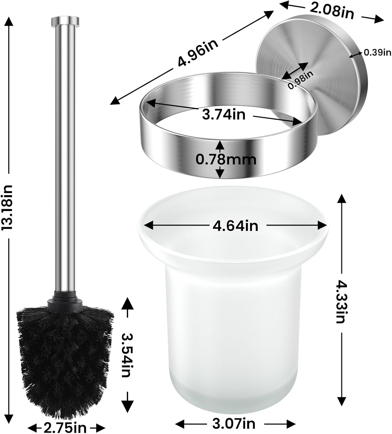 Detalle de Dailyart WC-Klobürste mit Halter (ohne Bohren), Edelstahl & Glas – 2er Pack inkl. Ersatzbürste