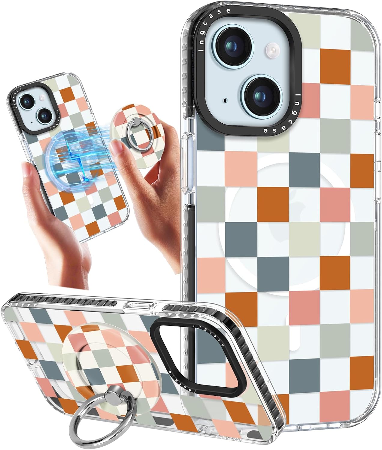 Detalle de Ingcase Pastel Checkered Case for iPhone 15 Plus with Detachable Magnetic Ring Stand