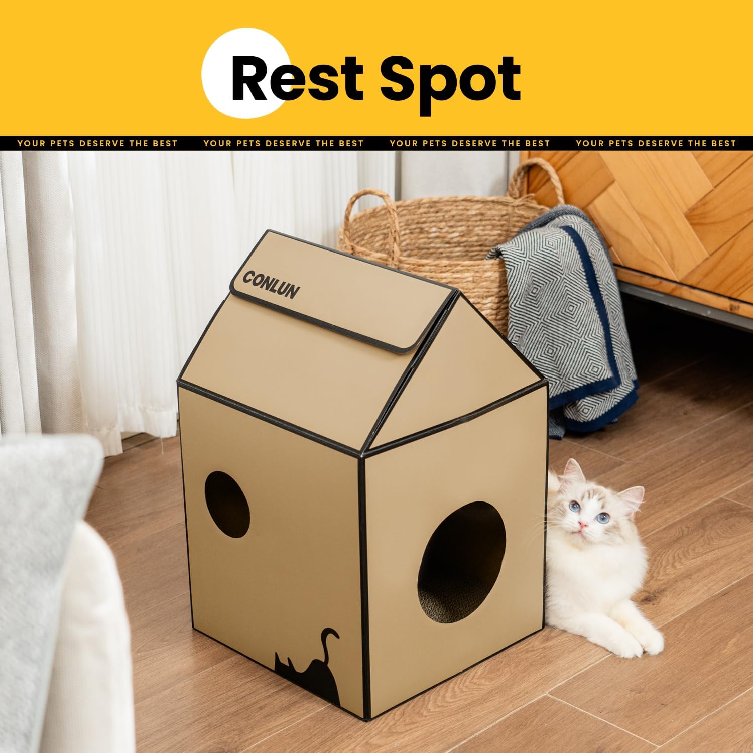 Detalle de 2-in-1 Cat House with Corrugated Scratching Board: Indoor Cave and Scratcher in 2 Sizes