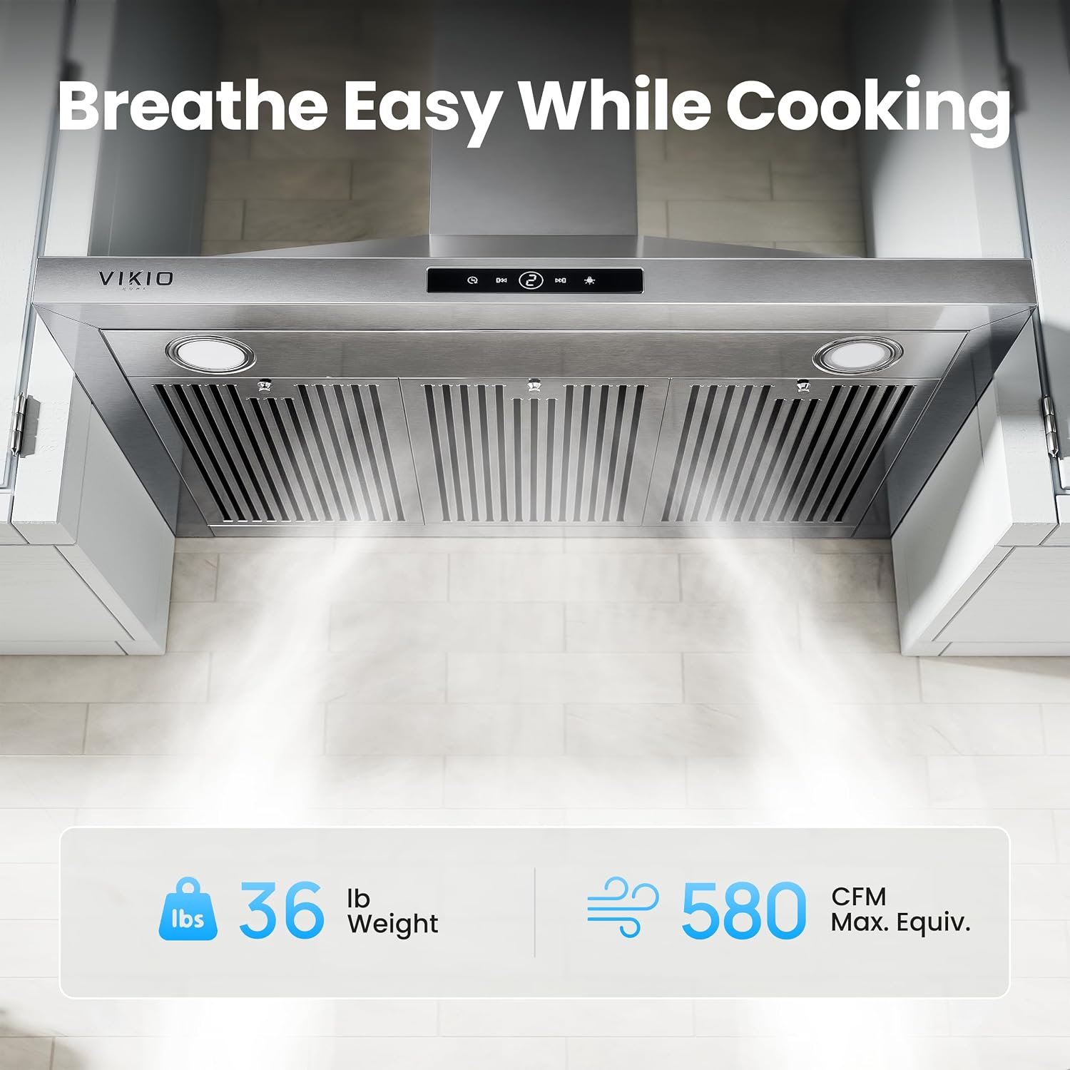 Detalle 2 de VIKIO HOME RP10-36 36-Inch Wall-Mount Range Hood, 580 CFM, Touch Controls
