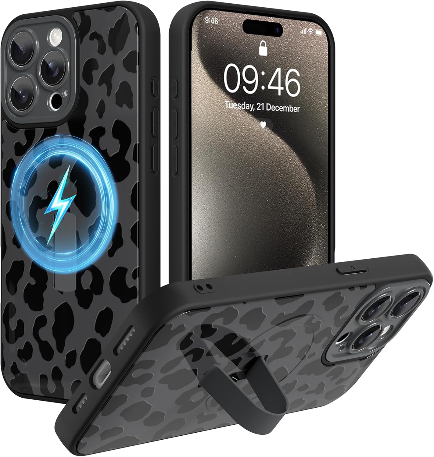 Detalle de Ufbara Mag15PM-LeoBla iPhone 15 Pro Max Case with Leopard Print and Kickstand