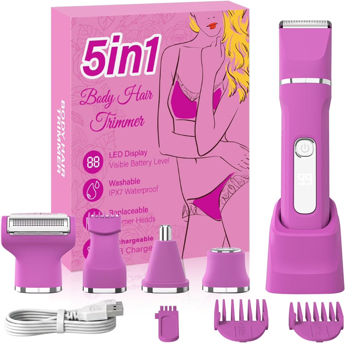 Detalle de KINGTEE L6D 5-in-1 Women's Trimmer, IPX7 Waterproof, Rose Pink