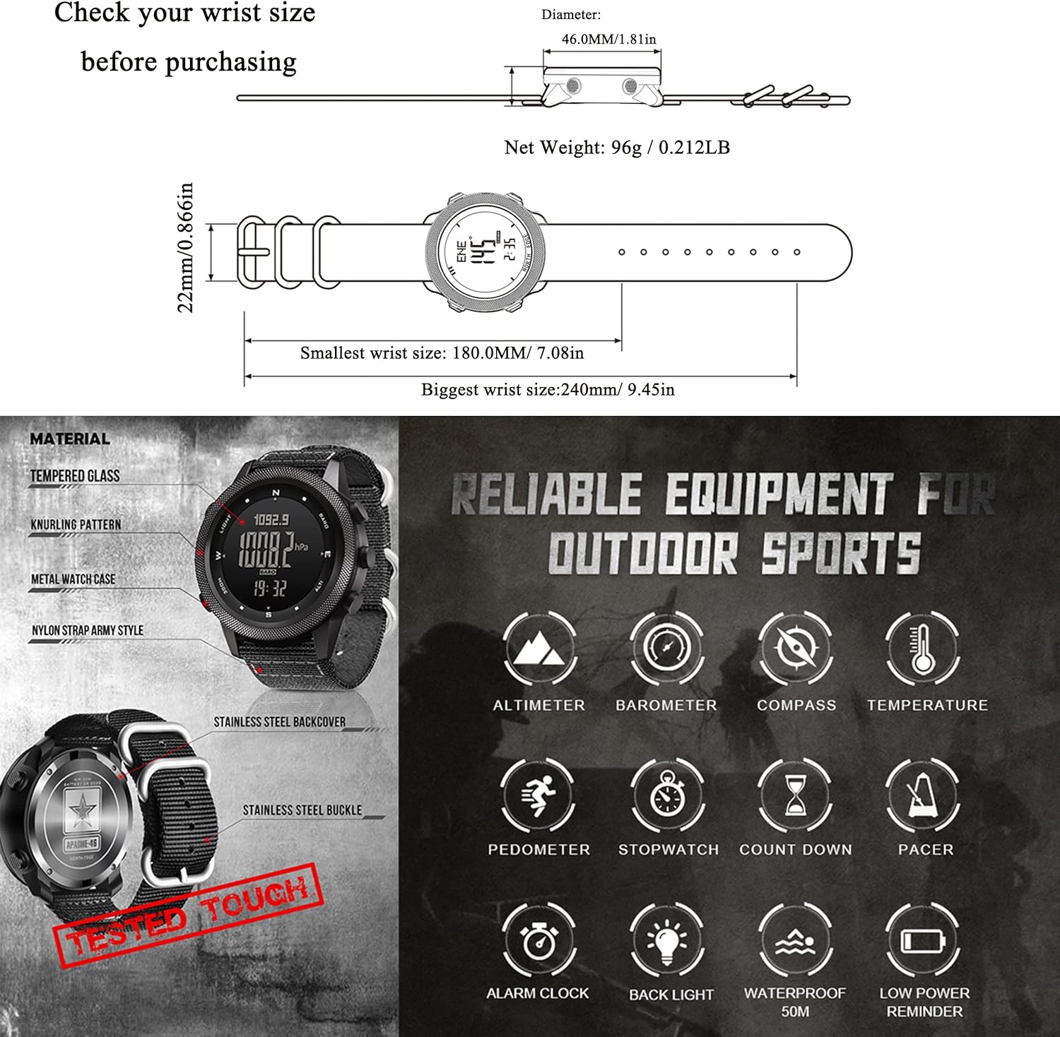 Thumbnail 4 de NORTH EDGE Apache Men’s Tactical Outdoor Digital Watch with Altimeter, Barometer & Compass