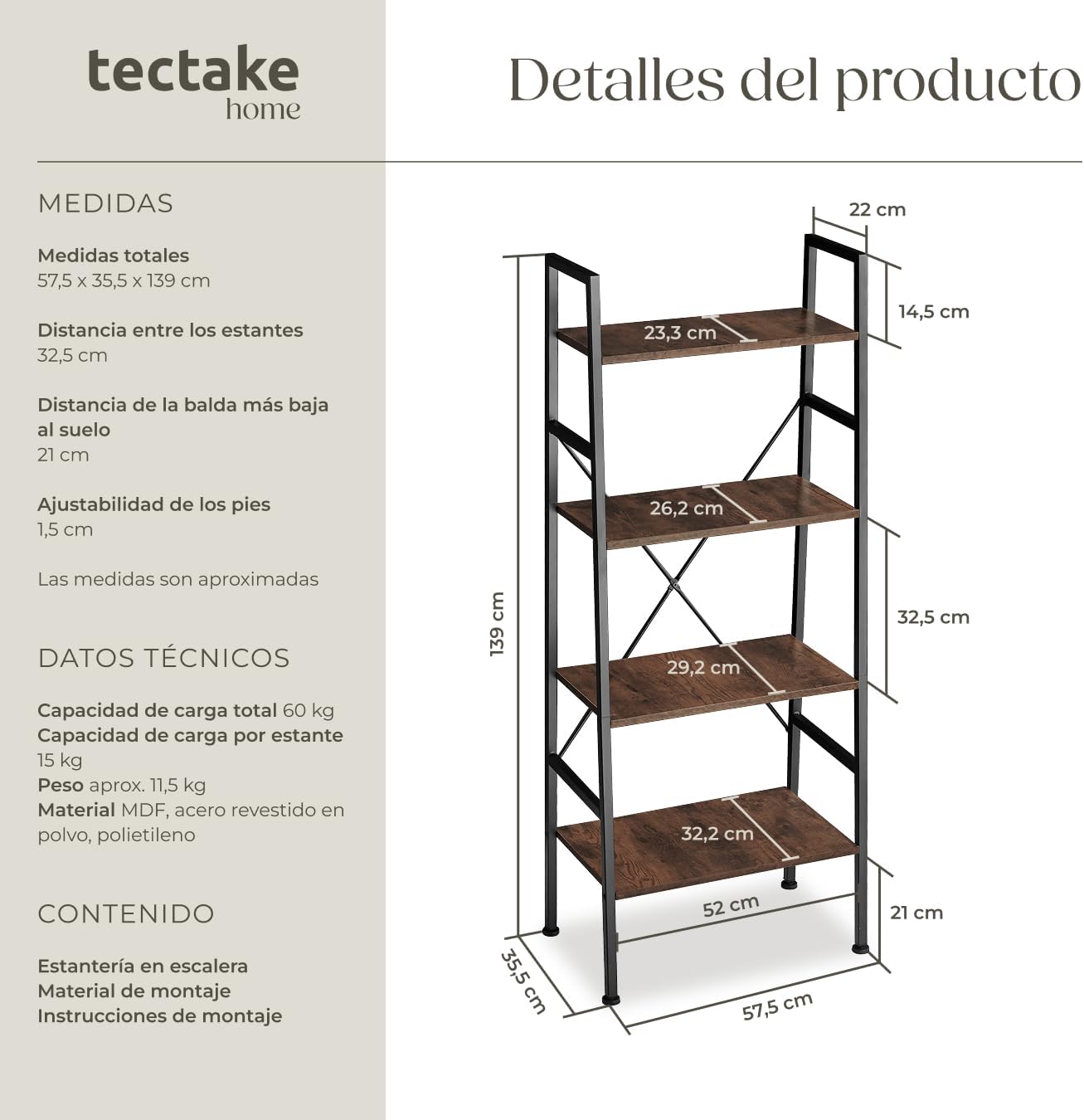 Detalle 2 de tectake Estantería escalera 57,5 x 35,5 x 139 cm