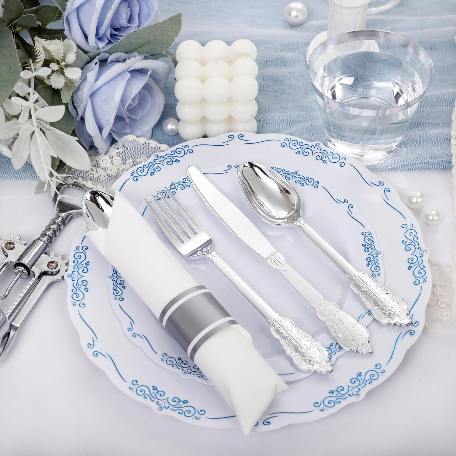 Thumbnail 2 de DaYammi 350Pcs Blue and White Disposable Plate Set with Napkins, Cutlery, and Cups