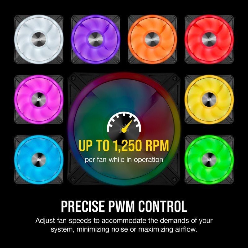 Detalle 2 de Corsair iCUE QL140 RGB PWM Dual Fan con Lighting Node Core (negro) — ventiladores RGB de 140 mm