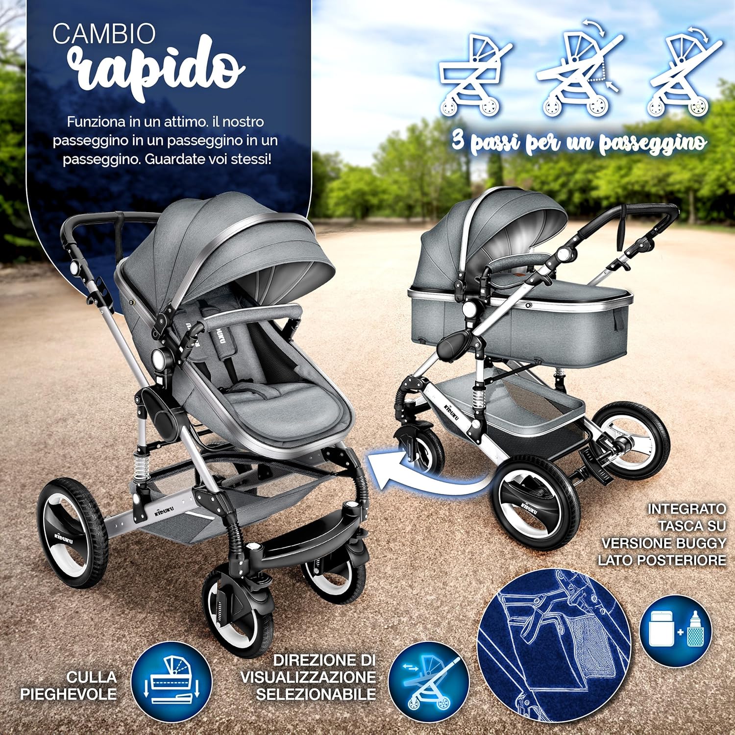 Thumbnail 4 de KIDUKU 3 in 1 Passeggino Completo Trio con navicella, seggiolino auto e accessori (sistema combinato)