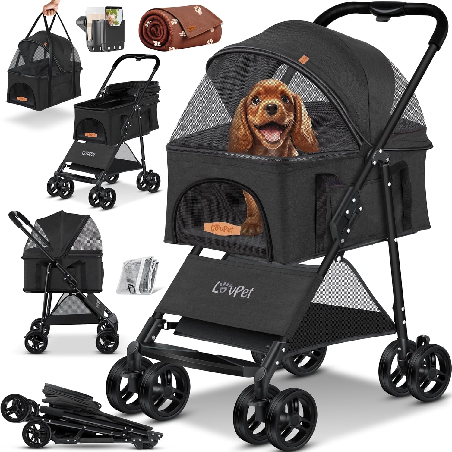 LOVPET® Hundewagen 2in1: Hundebuggy & Hundebox Tragetasche faltbar bis 20 kg