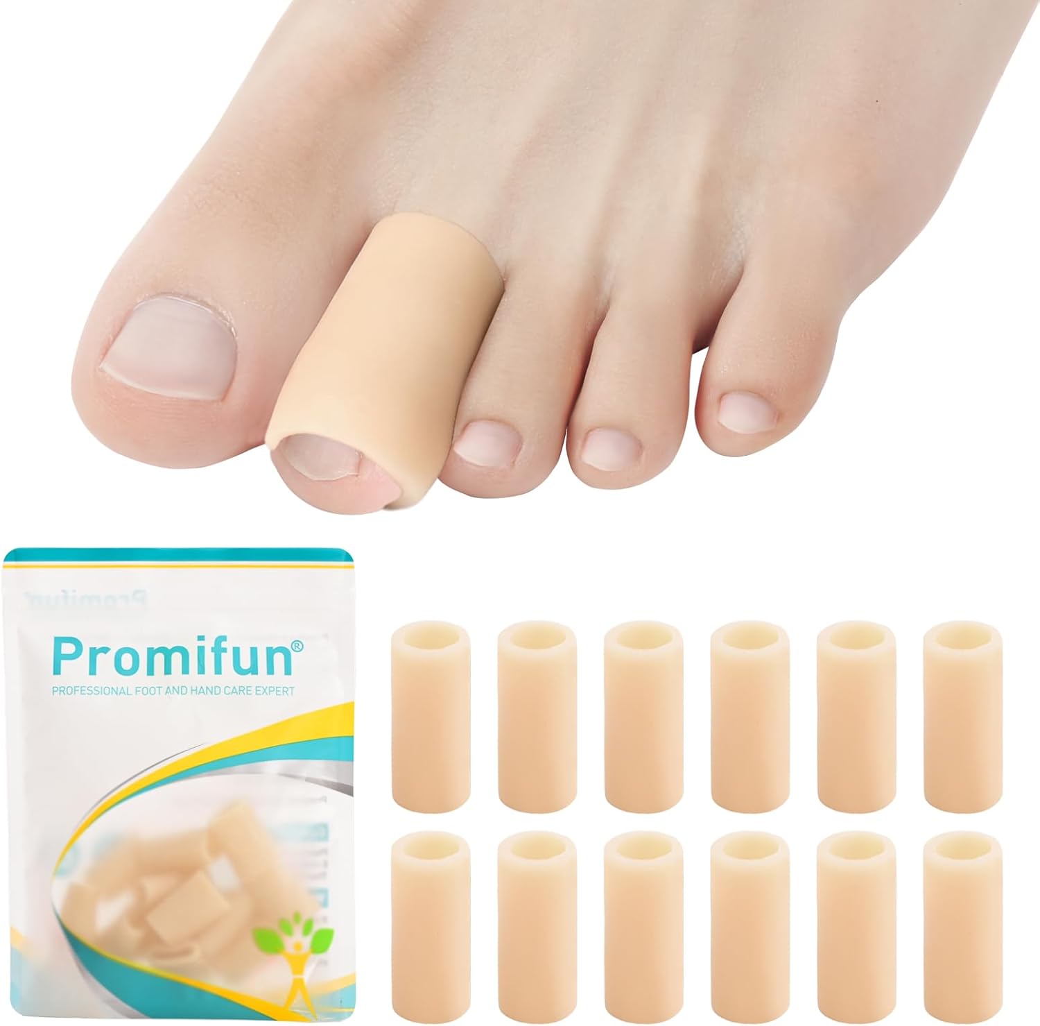 Promifun Silicone Toe Protectors (12-pack) – Soft Gel Toe Sleeves & Toe Separators for Hammer Toes, Corns and Blisters (Beige)