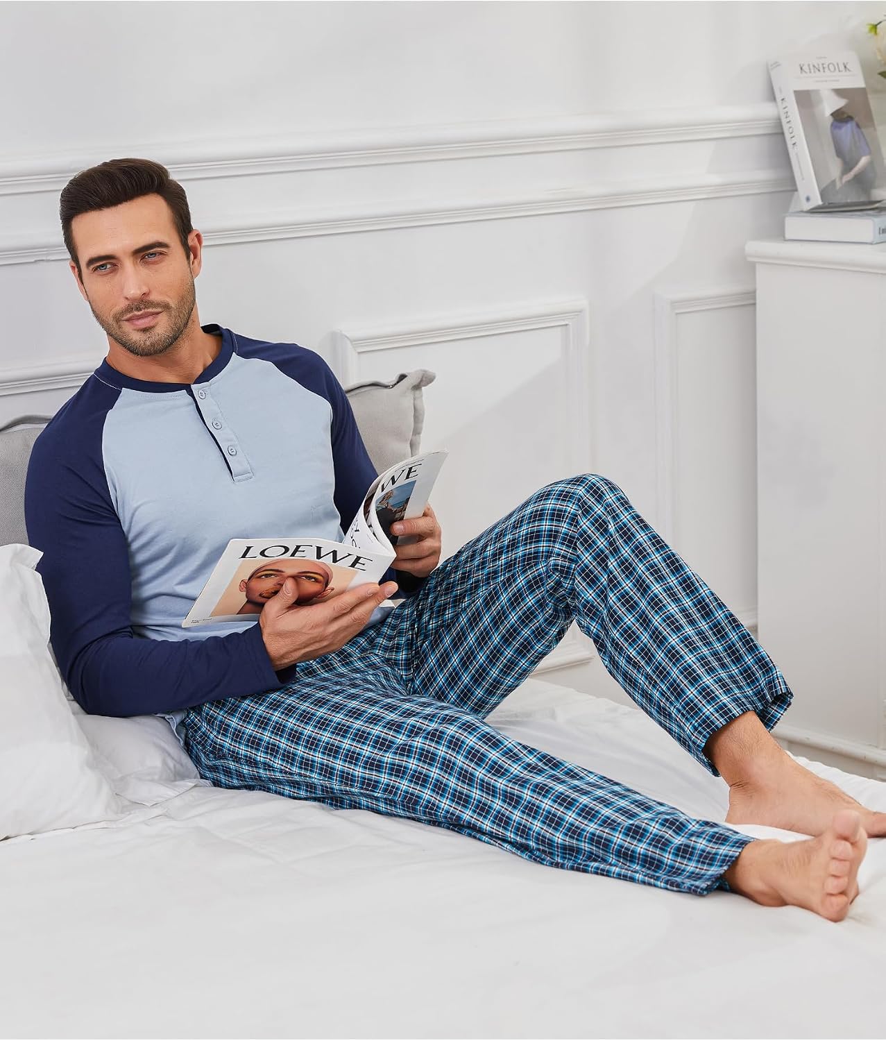 Detalle de Winovia Herren Schlafanzug lang – 2-teiliges Pyjama-Set aus 100% Baumwolle