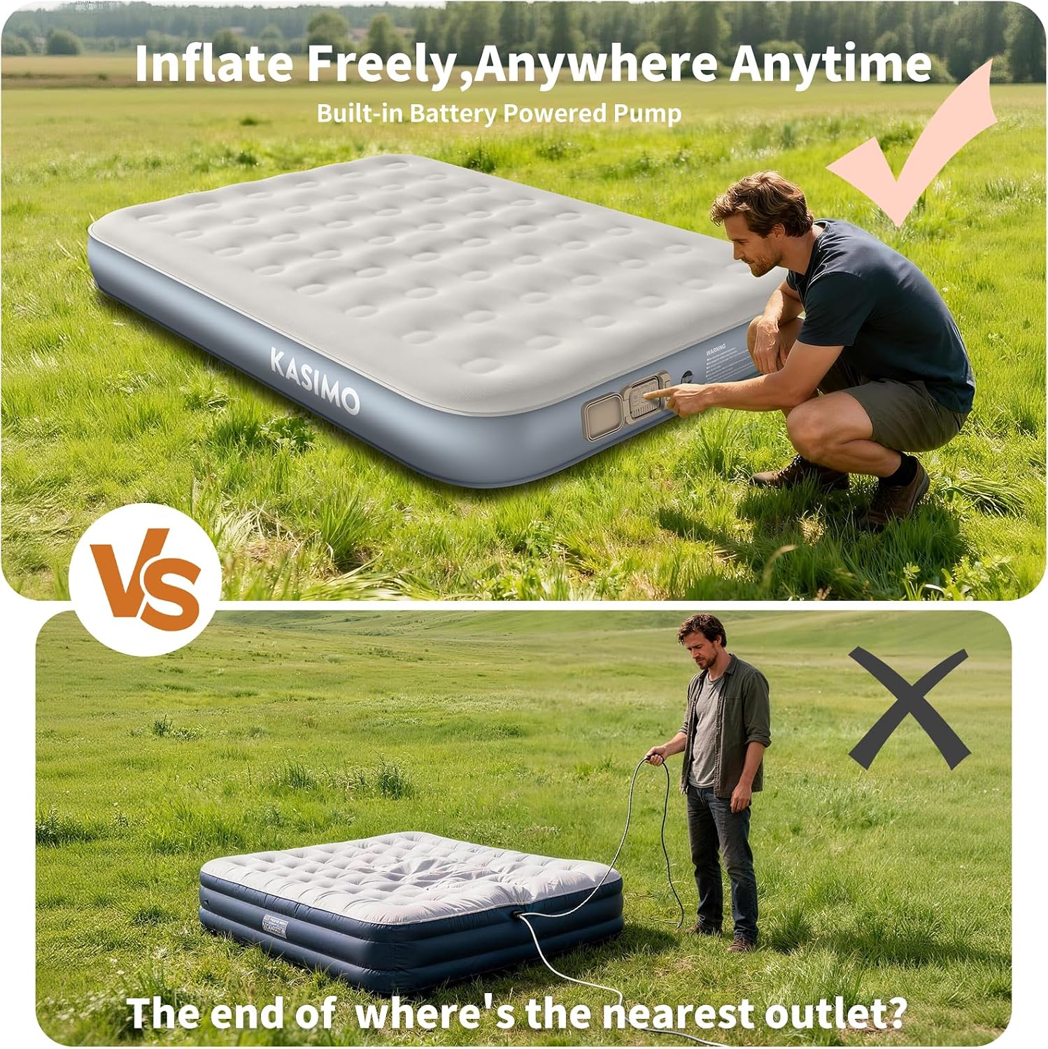 Detalle 2 de KASIMO Queen Air Mattress with Rechargeable Pump, Suede Surface and 10-Inch Height