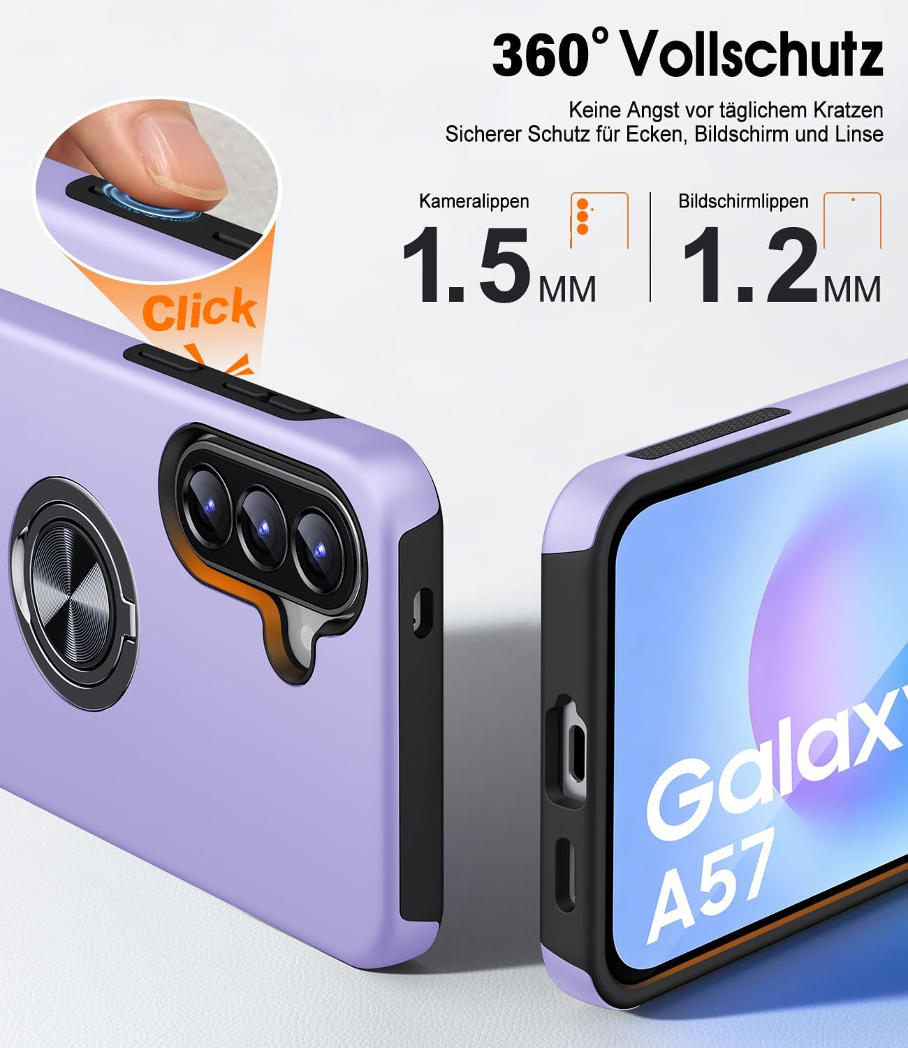 Thumbnail 5 de AOUIA Hülle für Samsung Galaxy A57 5G mit 2 Panzergläsern – 360° Ringständer, Militärischer Stoßschutz, violett