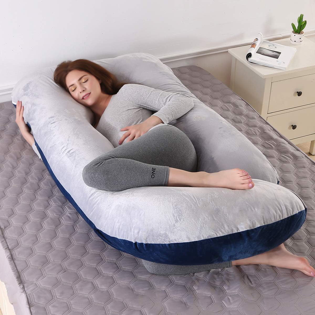 Thumbnail 4 de Coussin de grossesse en forme de U (G) avec housse velours lavable – Coussin d’allaitement bleu marine et gris