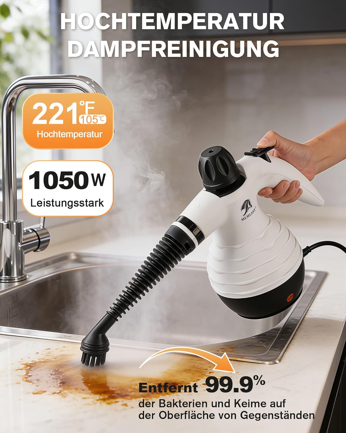 Detalle de MLMLANT Dampfreiniger – tragbar, 1050 W, 350 ml Fassungsvermögen, 10-teiliges Zubehörset