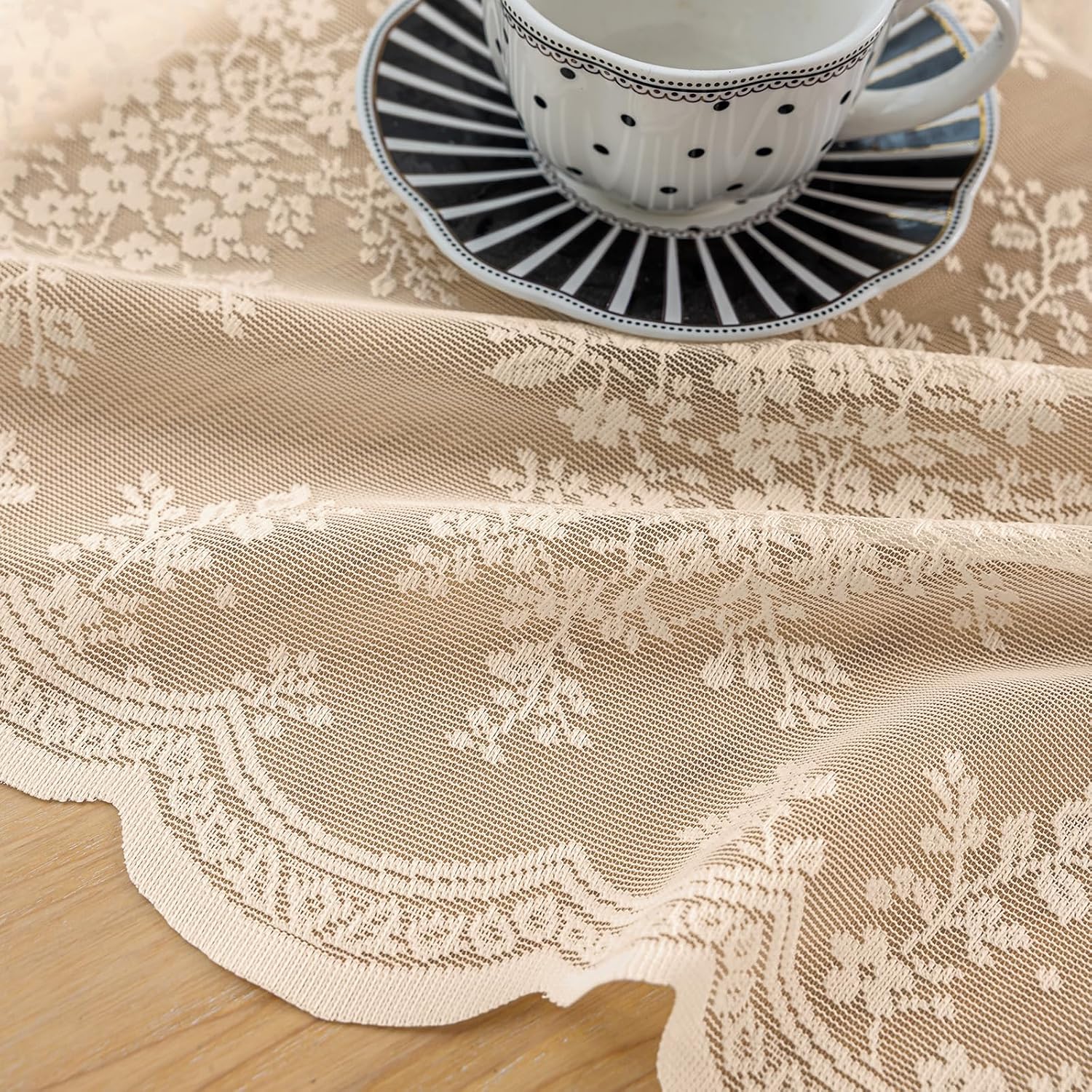 Thumbnail 6 de AJAZZ Beige Floral Lace Curtains, Set of 2 Panels (52 x 63 in): 2-in-1 No-Drill Light Filtering Sheer Curtains with Scalloped Edge
