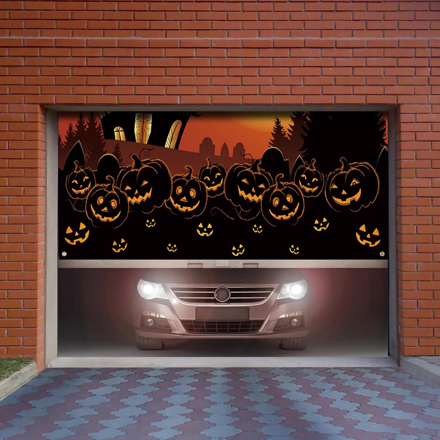 Detalle de XMZFAC 7 x 8 ft Halloween Garage Door Cover, Polyester Pumpkin Banner