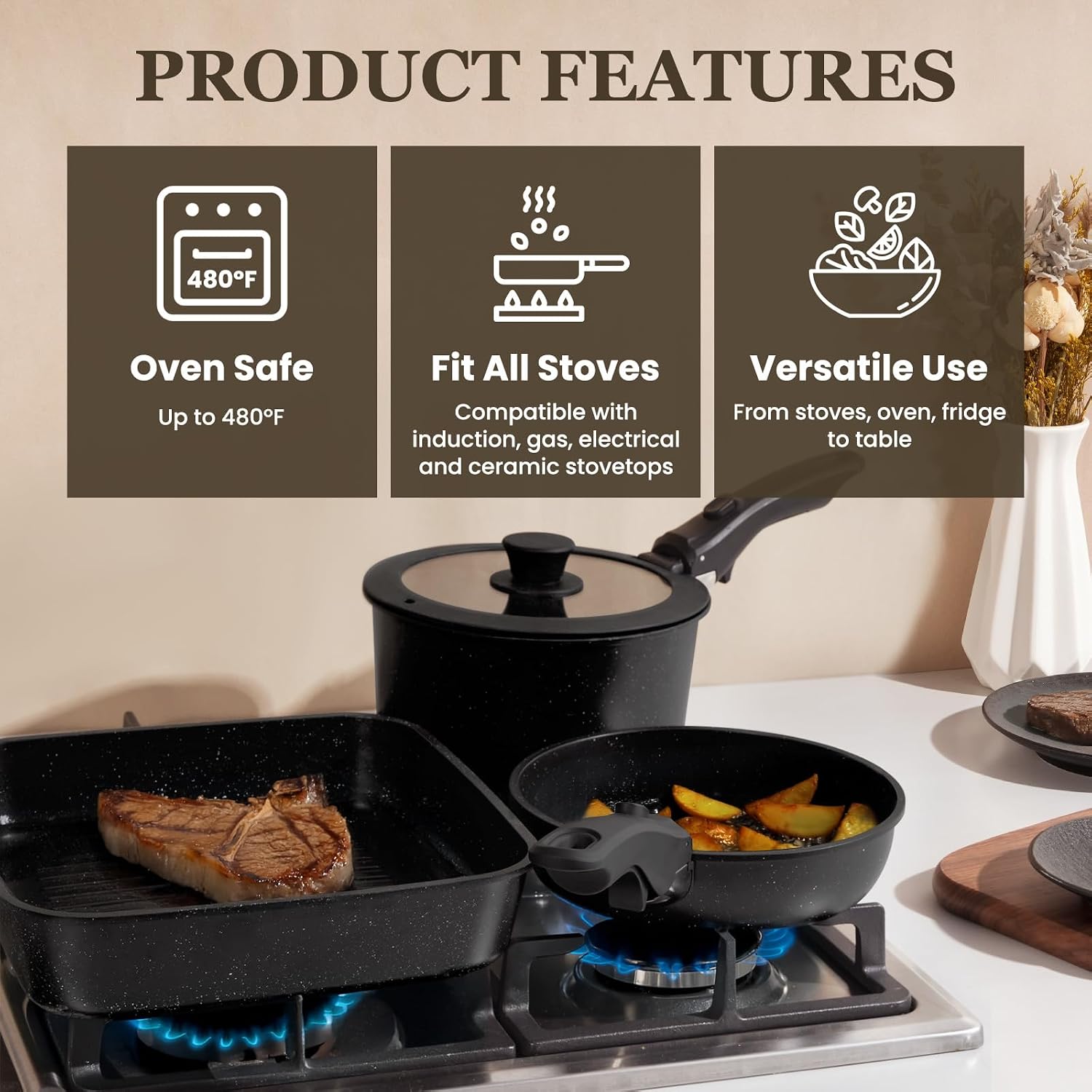 Detalle 2 de KIKCOIN Cookware Set with Detachable Handle