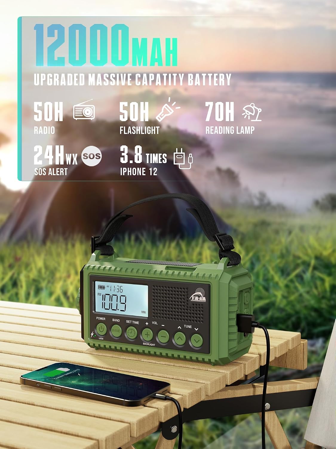 Detalle 2 de ROCAM 1009UItra Emergency Radio, 12,000 mAh, Solar, Crank and USB-C
