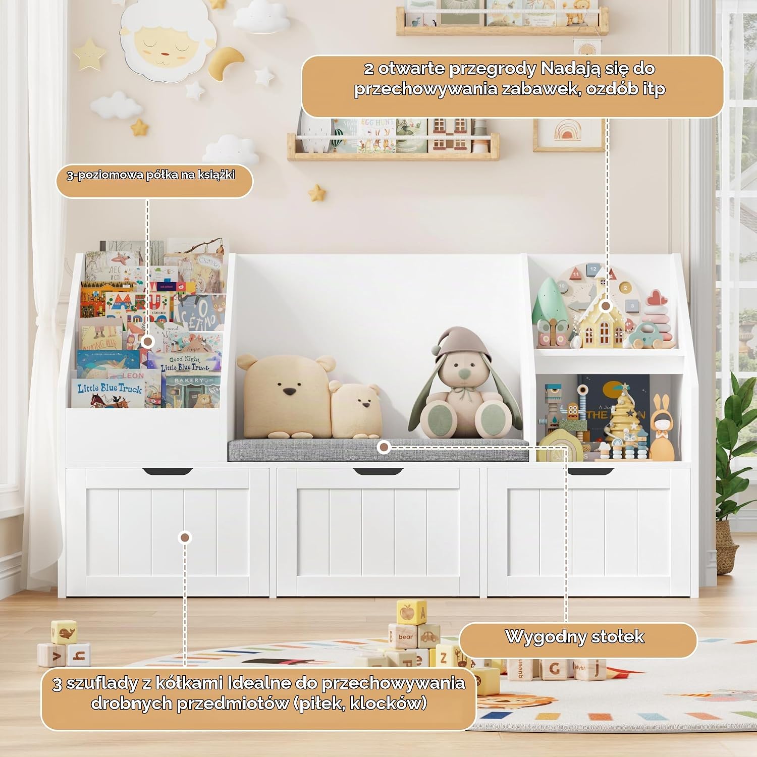 Detalle 1 de FOREHILL P671 regał dziecięcy z ławką, 4 poziomami i 3 szufladami na rolkach