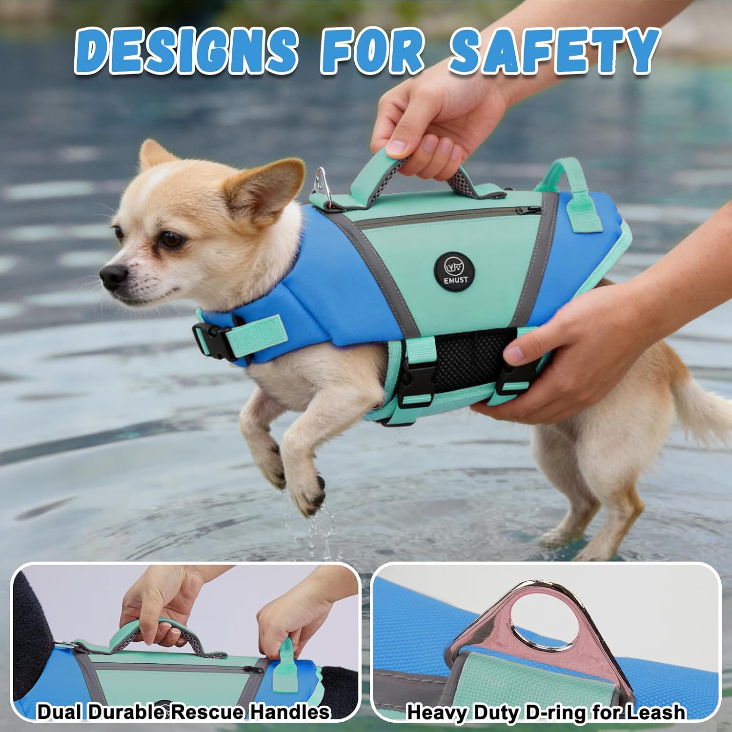 Detalle de EMUST Dog Life Vests: Lightweight Floating Vest with Pockets and Reflective Safety for Bulldogs, Dachshunds & More (Blue, XXL)