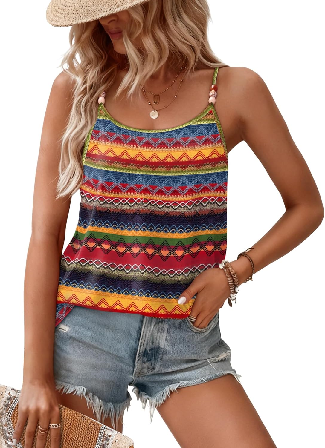 Detalle de WIHOLL Women’s Beaded Spaghetti Strap Tank Top Cami (Flowy Scoop Neck)