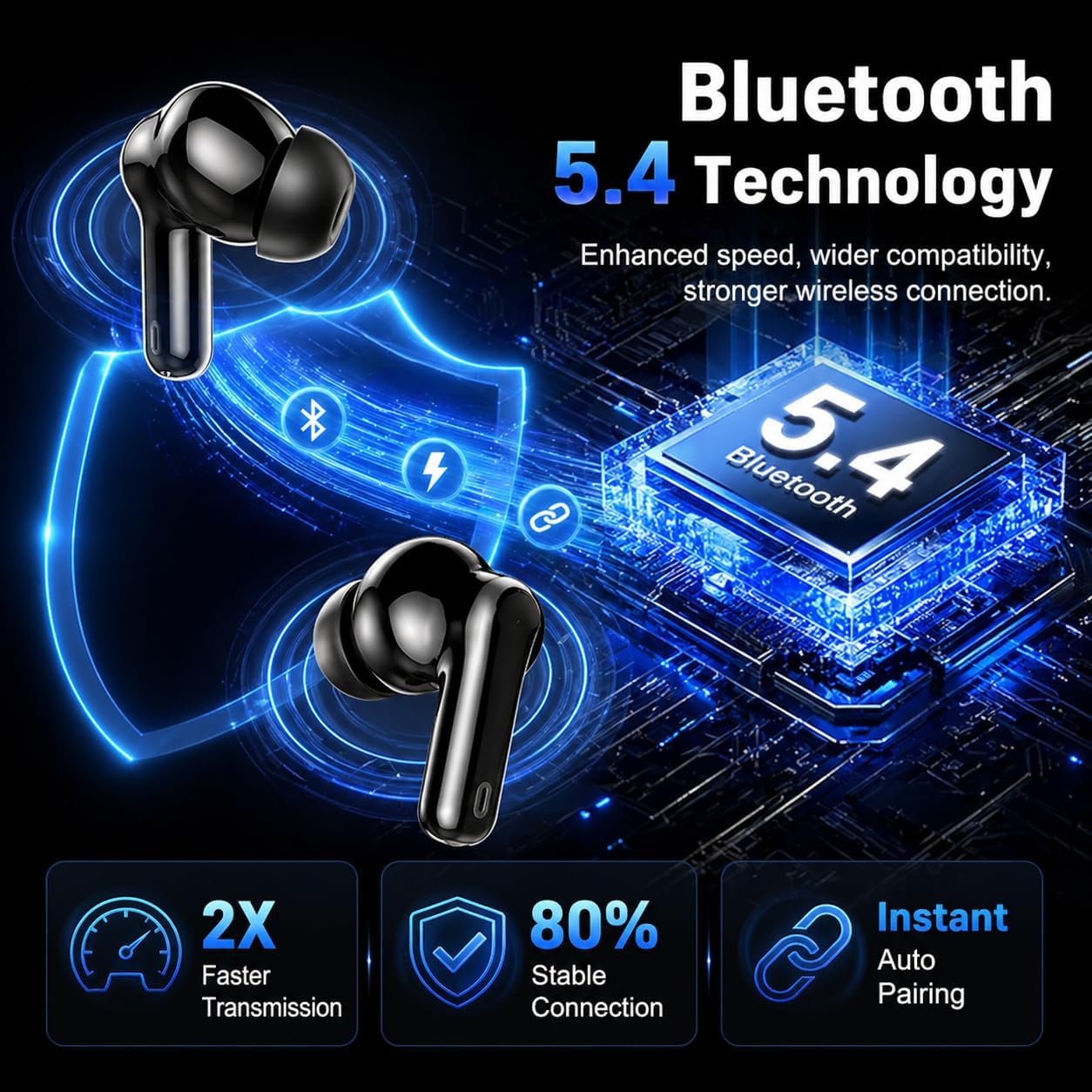 Detalle de Wireless Earbuds (Bluetooth 5.4) with 4 ENC Mic, 36H Playtime, Noise Cancelling In-Ear & IP7 Waterproof