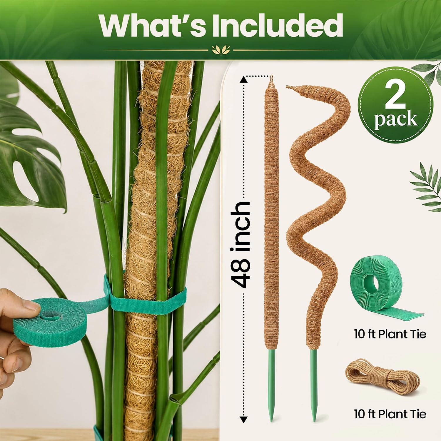 Detalle de K-Brands 47'' Coir Moss Pole Plant Support, 2-Pack Bendable Trellis