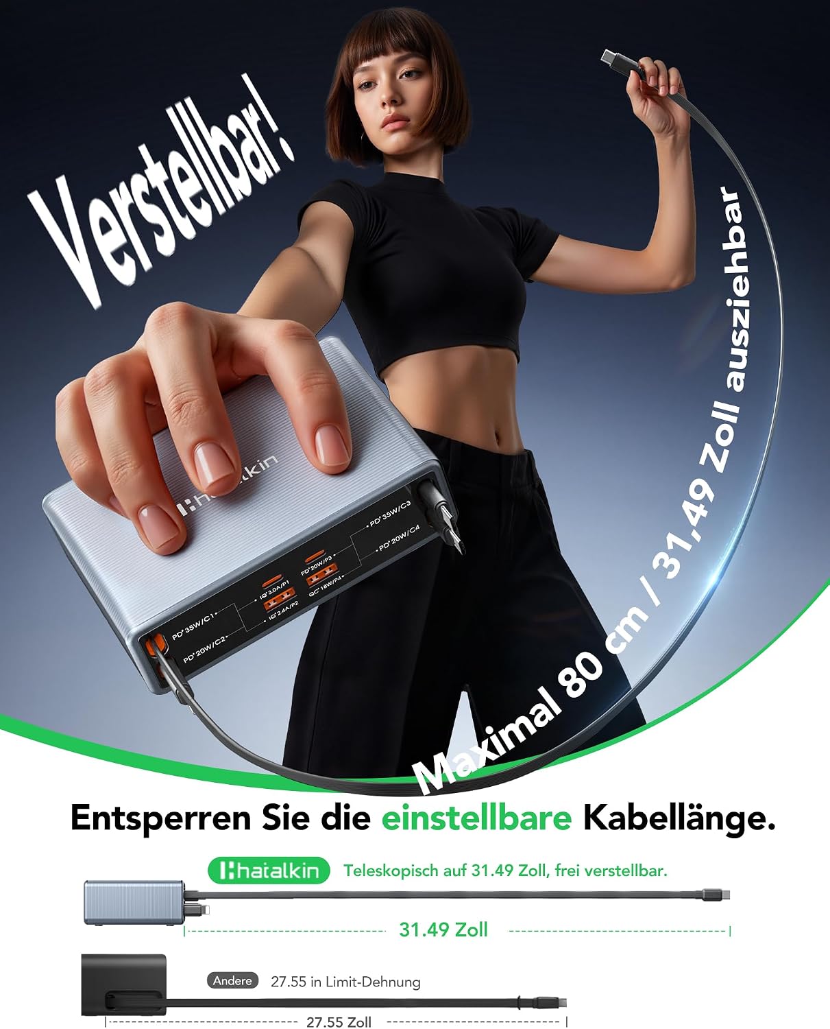 Detalle de 8-in-1 Retractable USB-C Ladegerät mit 105W – GaN Ladestation mit 4 einziehbaren Kabeln
