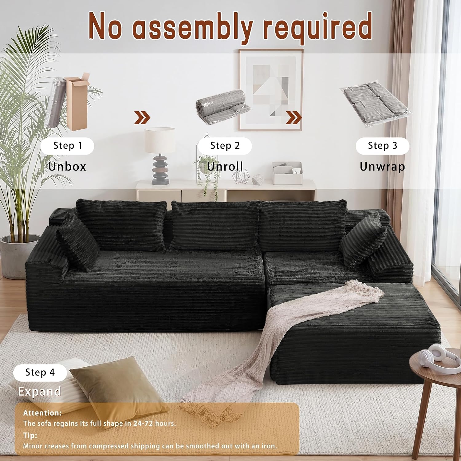 Thumbnail 6 de Korser LSGY-2439BLACK-4 110-Inch Modular Sectional Sofa, Corduroy, Chaise